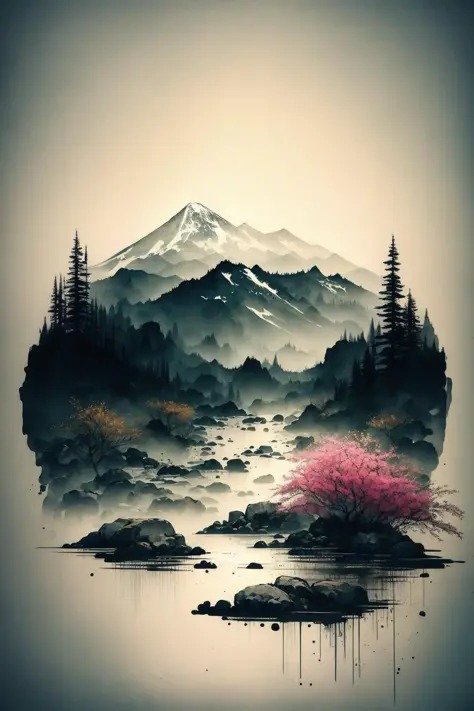weißer Hintergrund, Landschaft, ink, Berge, Wasser, Bäume 