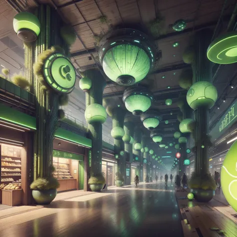 there are many green lanterns hanging from the ceiling of a store