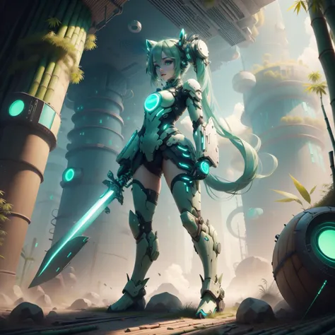 a woman in a futuristic outfit holding a sword in a forest