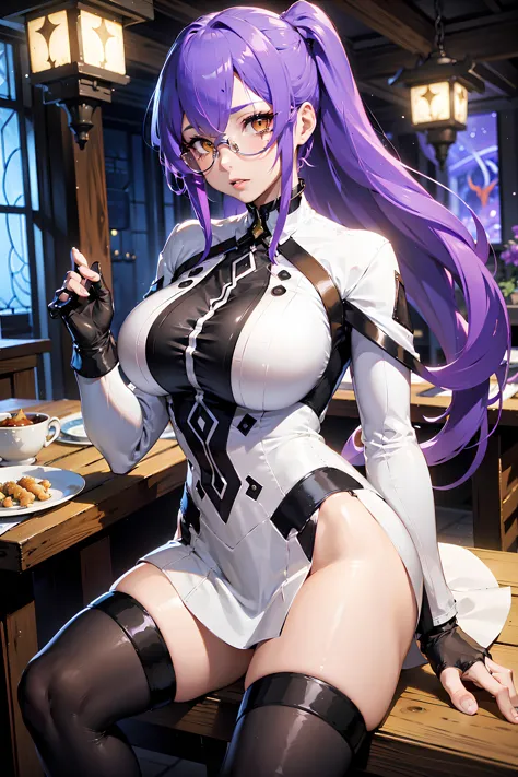 <lora:Veres_Interstellar_council2:0.8>, Veres_Interstellar_council, 1girl, solo, long hair, breasts, large breasts, thighhighs, white thighhighs, yellow eyes, lips, makeup, lipstick, ((glasses)), purple hair, hair over one eye, boots, thigh boots, shoes, high heels, science fiction, star (sky), space, interstellar, indoors, cup, chair, table, scenery, plate, tiles, tile floor, sink, restaurant, ceiling light, night, lantern, wooden floor, potted plant, lamp, architecture, east asian architecture, fish, goldfish