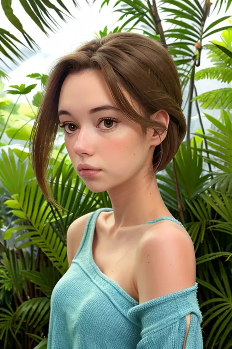 <lora:s4r4hsn1d3r:0.99>, (straberry blonde shoulder length hair, dark eyes), simple pastel sweatshirt, in a jungle paradise, perfect sunny day, natural lighting, (candid:1.3, amateur:1.3), RAW, HD, 8K, (close up), face:1.1, highly detailed face, vacation, pale, (smiling:0.1, cute smile:0.1)