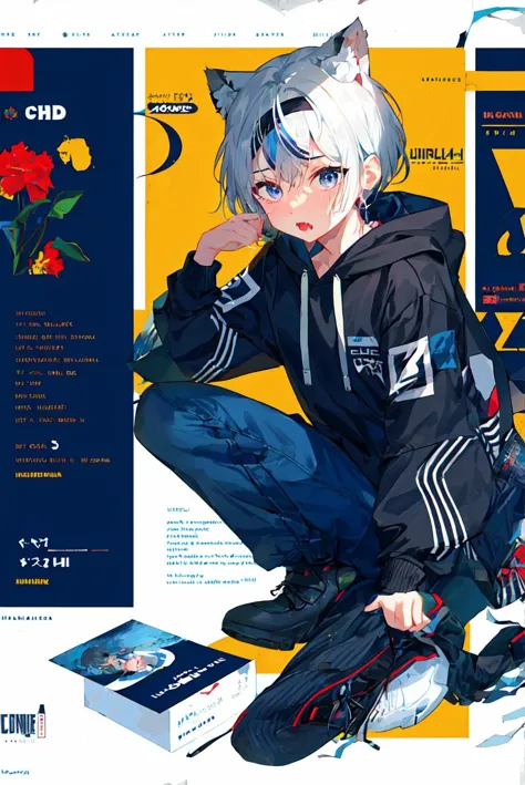 1 boy, cover, Juvenile, masterpiece, full body, ultra-detailed, Black headband on the forehead, white hair, hair strand, low ponytail, mullet, hood down, mole under eye, raised eyebrows, blue eyes, tiger ears, jitome, fang out, white hoodie, Chinese style scene, solo, cinematic lighting, UHD, super detail <lora:cover:0.8>, logo, title, Graphic Design, poster, page, test,