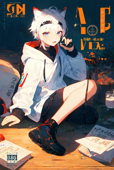 anime - style image of a girl with white hair and black shoes sitting on a table