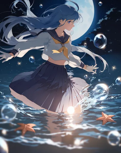 a woman in a sailor outfit is floating in the water