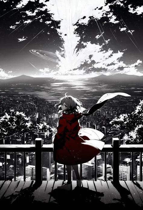 anime girl sitting on a bench looking at the city