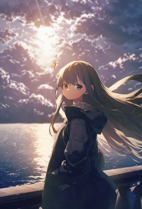 anime girl with long hair standing on a railing looking at the sun