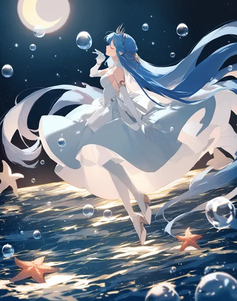 anime girl in a long dress floating in the water