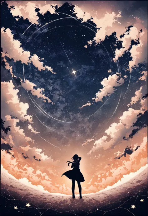 a woman standing on a hill looking at the sky with stars