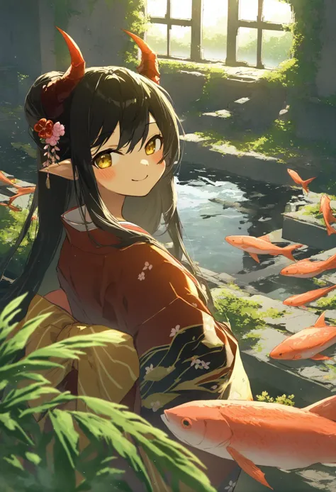 anime girl with long black hair and red fish in a pond