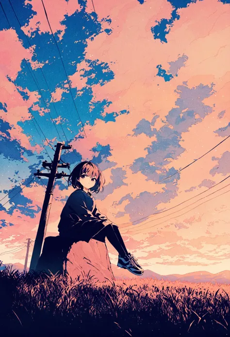 anime girl sitting on a rock in the grass under a cloudy sky