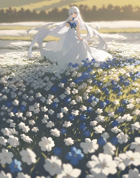 anime girl in white dress in field of flowers with long veil