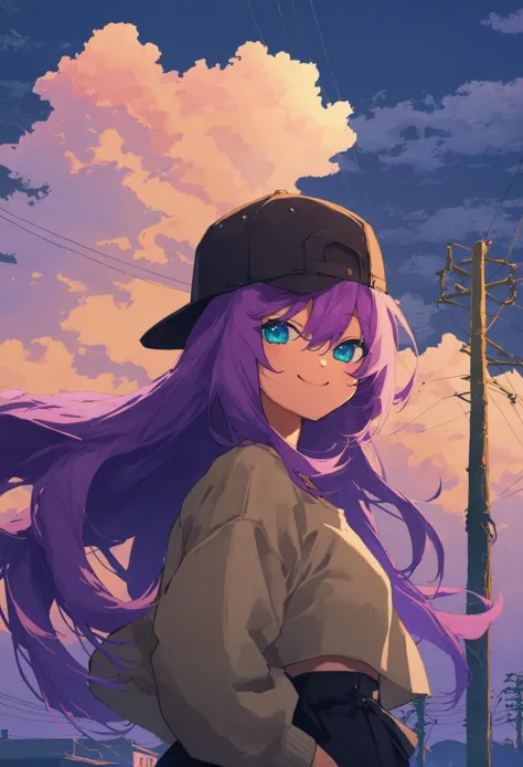 a woman with purple hair and a hat standing in front of a telephone pole