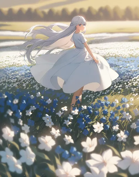 anime girl in a field of flowers with a long white dress