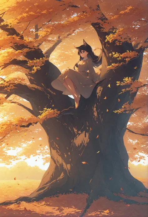 anime girl sitting on a tree in the sun