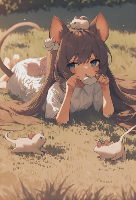 masterpiece, best quality,1girl, animal ears, solo, long hair, lying, cat ears, tail, on head, looking at viewer, holding, dress, barefoot, on stomach, bangs, blue eyes, short sleeves, animal on head, outdoors, cat tail, shirt, grass, brown hair, animal, white shirt, collared shirt, blush, white dress, covered mouth, very long hair, cat girl, mouse ,
 <lora:potgXLlokr4f-000143:1>