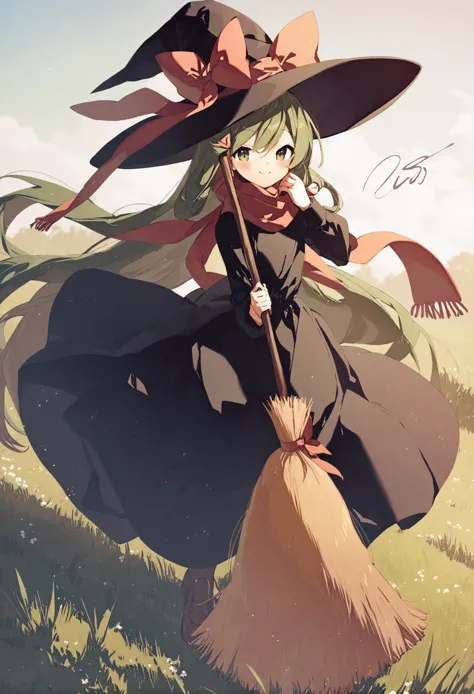 witch with a broom and a hat on a field