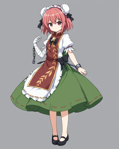 ibaraki kasen,1girl, solo, double_bun, full_body, bandaged_arm, chain, bun_cover, simple_background, green_skirt, white_apron, enmaided, maid_headdress, black_footwear, shackles, looking_at_viewer, closed_mouth, floral_print, dress, shoes, chinese_clothes, adapted_costume, black_bow, puffy_short_sleeves, one-hour_drawing_challenge, waist_apron, grey_background
<lora:ibaraki_kasen_image2781_2023-12-20:1>,star-shaped_pupils,symbol-shaped_pupils,. gorgeous,key visual, vibrant, studio anime,award-winning, professional, highly detailed,high budget, cinemascope