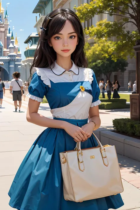 araffe dressed in a blue and white dress holding a purse