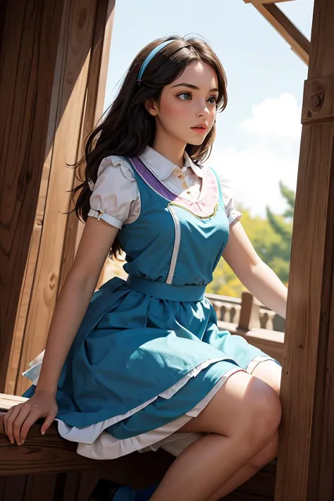 araffe dressed in a blue dress sitting on a wooden bench