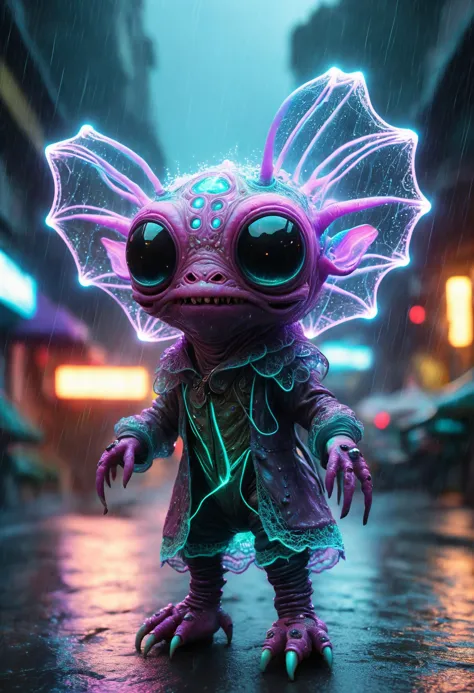 whimsical, fantasy concept art, reality-shot, realism, realistic photography of a cute alien lifeform covered with glowing lace,...