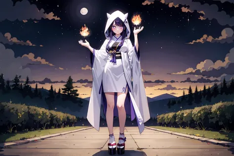 anime girl in white dress holding a fire ball in her hand