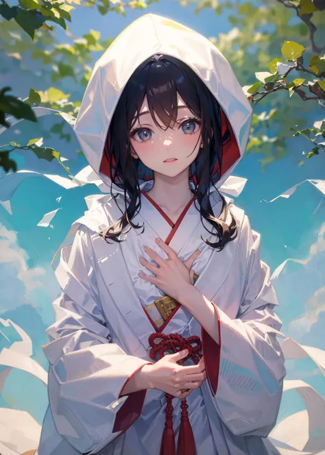 anime girl in a white robe and red sasher with a red sash