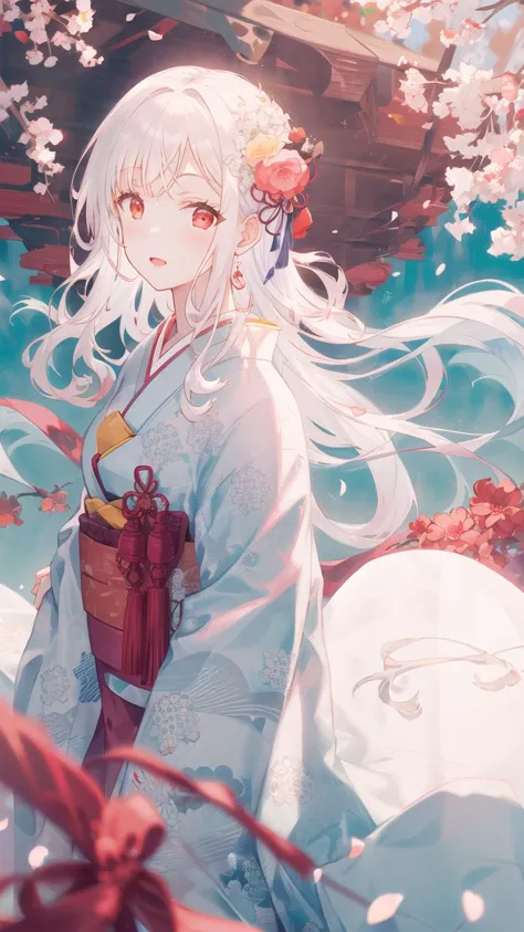 anime girl with white hair and blue dress holding a red box