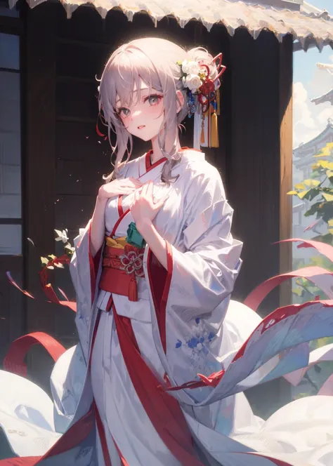 anime girl in a kimono outfit standing in front of a hut