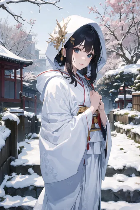 anime girl in white kimono with a white hood and a white robe