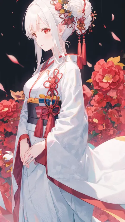 anime girl in a white kimono with a red flower in her hair