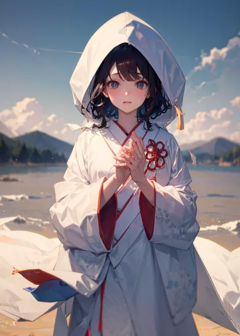 anime girl in white kimono standing on beach with umbrella