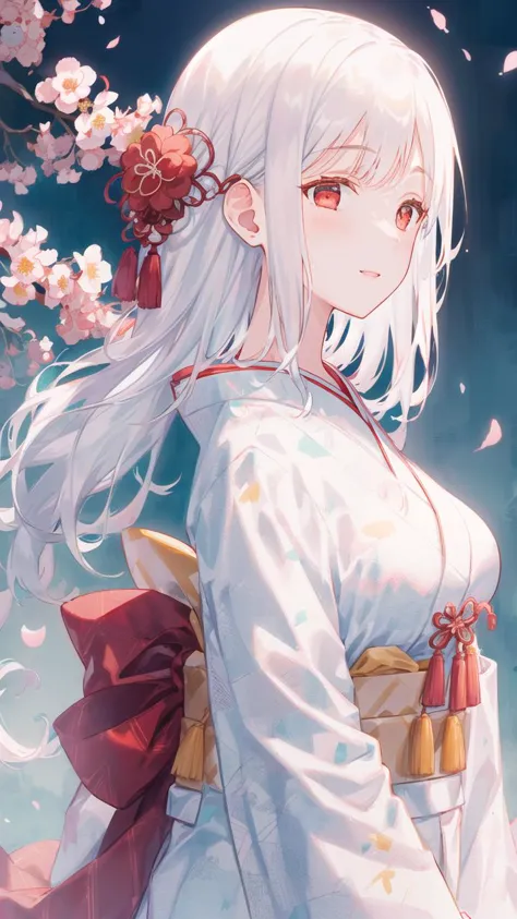 a woman in a white dress with long white hair and a red flower in her hair