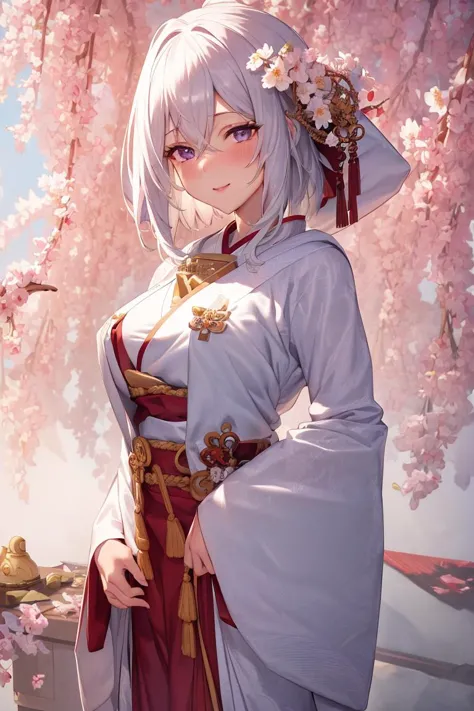 anime girl in a kimono outfit standing under a tree