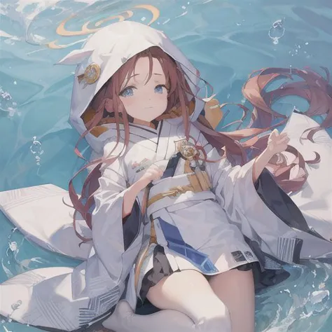 anime girl in white outfit sitting on a boat in the water