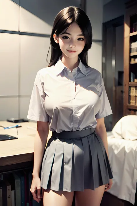 (hyper-realistic:1.3, photorealistic:1.3, realistic:1.3), Ray tracing, physically based rendering, RAW photo, best quality, hires, masterpiece, HDR, 8K resolution, rim lighting, 1girl, blush, short sleeve collared shirt, pleated checkered skirt, library, (smiling at viewer:1.3), beautiful symmetrical eyes, (fabulous feminine makeup), naturally sagging enormous breasts