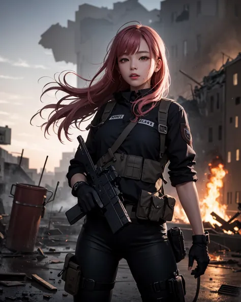 a woman in a black uniform holding a gun in front of a fire