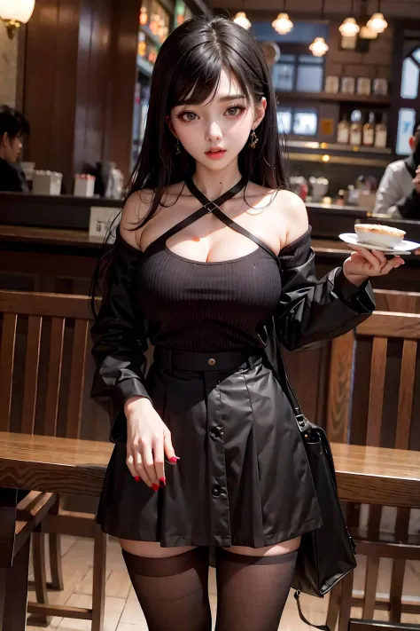 dramatic, 1girl, 21 years old korean cute girl, (large breasts), cafe
