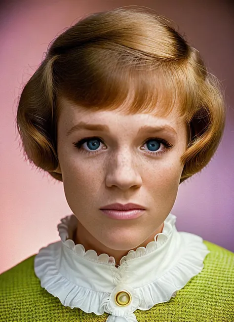 arafed woman with freckles and a green sweater looks at the camera