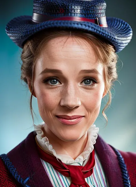 portrait of skswoman, happy , she is dressed with Mary Poppins cosplay, epic (photo, studio lighting, hard light, sony a7, 50 mm, matte skin, pores, colors, hyperdetailed, hyperrealistic), <lyco:Julie AndrewsV2:1.2>