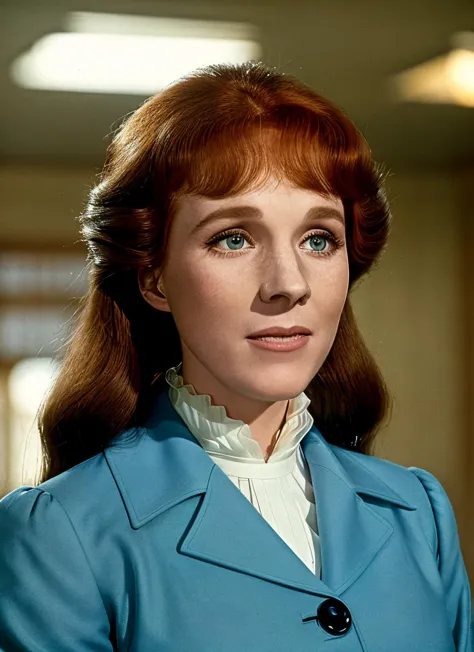 portrait of skswoman, happy , wearing long red hair , (freckles:0.7), she is dressed in pristine white blouse with a high collar, which exuded an air of elegance and formality. Over the blouse, she wore a tailored, fitted navy blue coat that fell to her knees. The coat had a structured silhouette with slightly puffed shoulders and long sleeves that tapered at the wrists background field of wheat epic (photo, studio lighting, hard light, sony a7, 50 mm, matte skin, pores, colors, hyperdetailed, hyperrealistic), <lyco:Julie AndrewsV2:1.2>