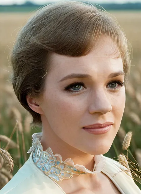 portrait of skswoman, hot , wearing formal wear , with ash brown Bob , background field of wheat epic (photo, studio lighting, hard light, sony a7, 50 mm, matte skin, pores, colors, hyperdetailed, hyperrealistic), <lyco:Julie AndrewsV2:1.2>