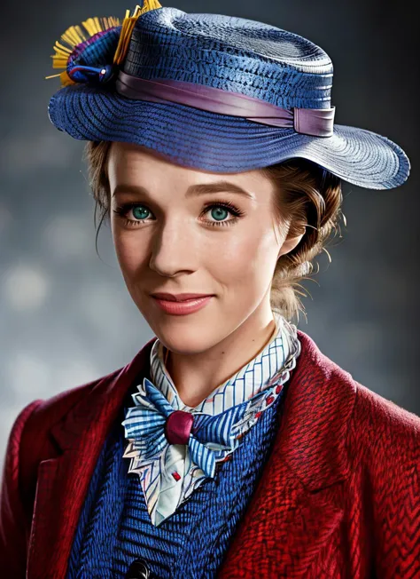 portrait of skswoman, happy , she is dressed with Mary Poppins cosplay, epic (photo, studio lighting, hard light, sony a7, 50 mm, matte skin, pores, colors, hyperdetailed, hyperrealistic), <lyco:Julie AndrewsV2:1.2>