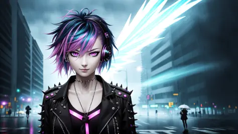 A highly detailed portrait of a solo 1girl standing on a street corner, during a rainstorm with lightning strikes and a cloudy sky, neon and cyberpunk background, she is wearing punk clothes with silver chains and silver spikes, she has a butterfly wing hairclip in her wild hair, she has headphones and a necktie on, petite, detailed glowing red eyes with distinct pupils, ominous aura Halo, smile, punk, cyberpunk, backlighting, masterpiece, best quality, intricate detail, absurdres, chromatic aberration, depth of field, professional photography, soft lighting, tone mapped, highly detailed, sharp focus, dramatic lighting, intricate details, cinematic, 8K, incredible shadows, realistic, (highly detailed background:1.0)