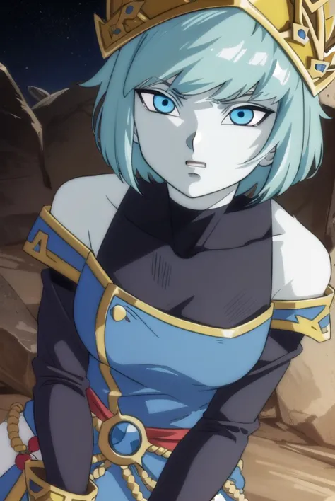 dragonballaeos, <lyco:dragonballaeos-lyco-nochekaiser:1>, 
aeos formone, short hair, gloves, long sleeves, hat, bare shoulders, blue hair, pants, white gloves, off shoulder, colored skin, turtleneck, crown, covered collarbone,
BREAK ,
BREAK outdoors, space, star \(sky\), sun, 
BREAK looking at viewer,
BREAK <lyco:GoodHands-beta2:1>, (masterpiece:1.2), best quality, high resolution, unity 8k wallpaper, (illustration:0.8), (beautiful detailed eyes:1.6), extremely detailed face, perfect lighting, extremely detailed CG, (perfect hands, perfect anatomy),