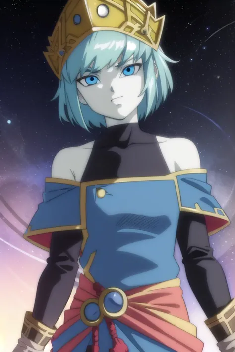 dragonballaeos, <lyco:dragonballaeos-lyco-nochekaiser:1>, 
aeos formone, short hair, gloves, long sleeves, hat, bare shoulders, blue hair, pants, white gloves, off shoulder, colored skin, turtleneck, crown, covered collarbone,
BREAK ,
BREAK outdoors, space, star \(sky\), sun, 
BREAK looking at viewer,
BREAK <lyco:GoodHands-beta2:1>, (masterpiece:1.2), best quality, high resolution, unity 8k wallpaper, (illustration:0.8), (beautiful detailed eyes:1.6), extremely detailed face, perfect lighting, extremely detailed CG, (perfect hands, perfect anatomy),