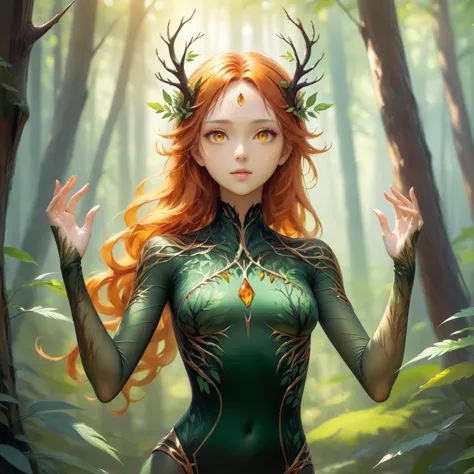 ethereal fantasy concept art of beautiful forest woman,bodysuit,upper body,hand up,amber eyes,. magnificent,