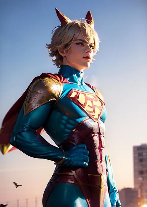 a close up of a person in a costume with a bird flying in the background