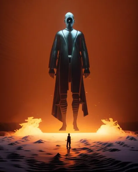 a man in a suit standing in front of a fire with a sword in his hand , c4d