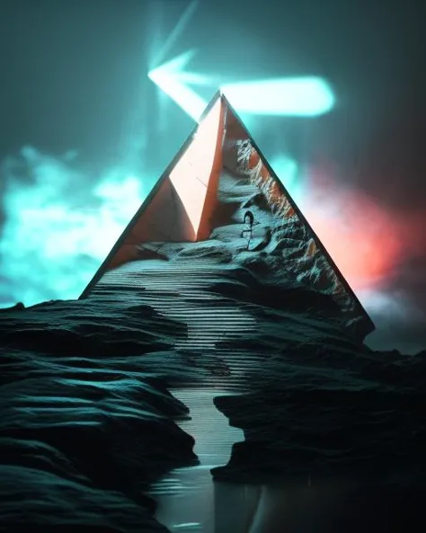 a man standing on a rocky path in front of a triangle with a snake on it , c4d