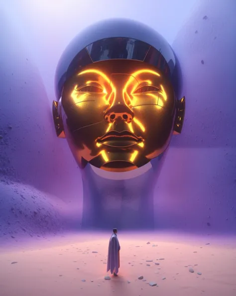 a man standing in front of a giant head with glowing eyes